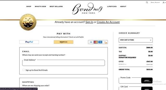 Bond No. 9 checkout page showing Bond No. 9 promo code box | Screenshot taken by SimplyCodes community member on Feb 26, 2025