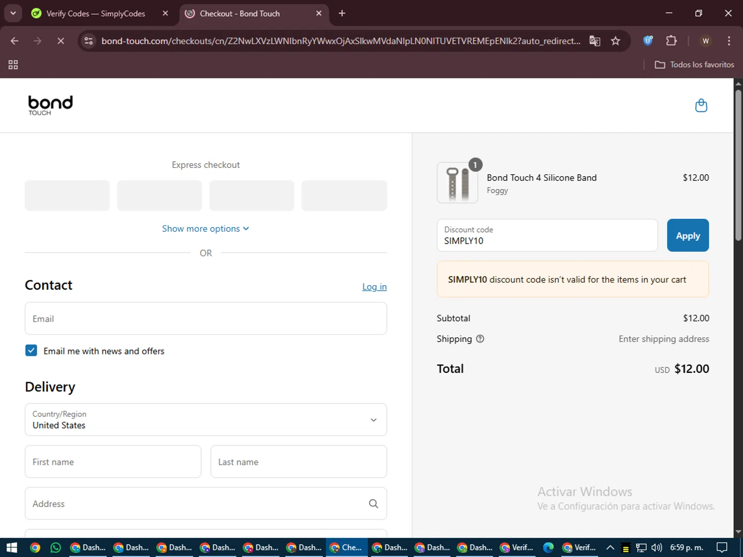 Bond Touch discount code screenshot showing code SIMPLY10 applied at Bond Touch checkout page. Uploaded by SimplyCodes community member DealMaestro2101 on Jun 17, 2025