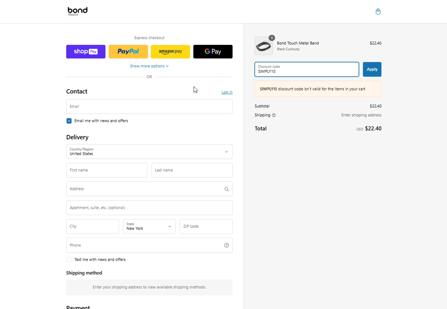 Bond Touch discount code screenshot showing code SIMPLY10 applied at Bond Touch checkout page. Uploaded by SimplyCodes community member ElIntrepidoVolador on Feb 21, 2025