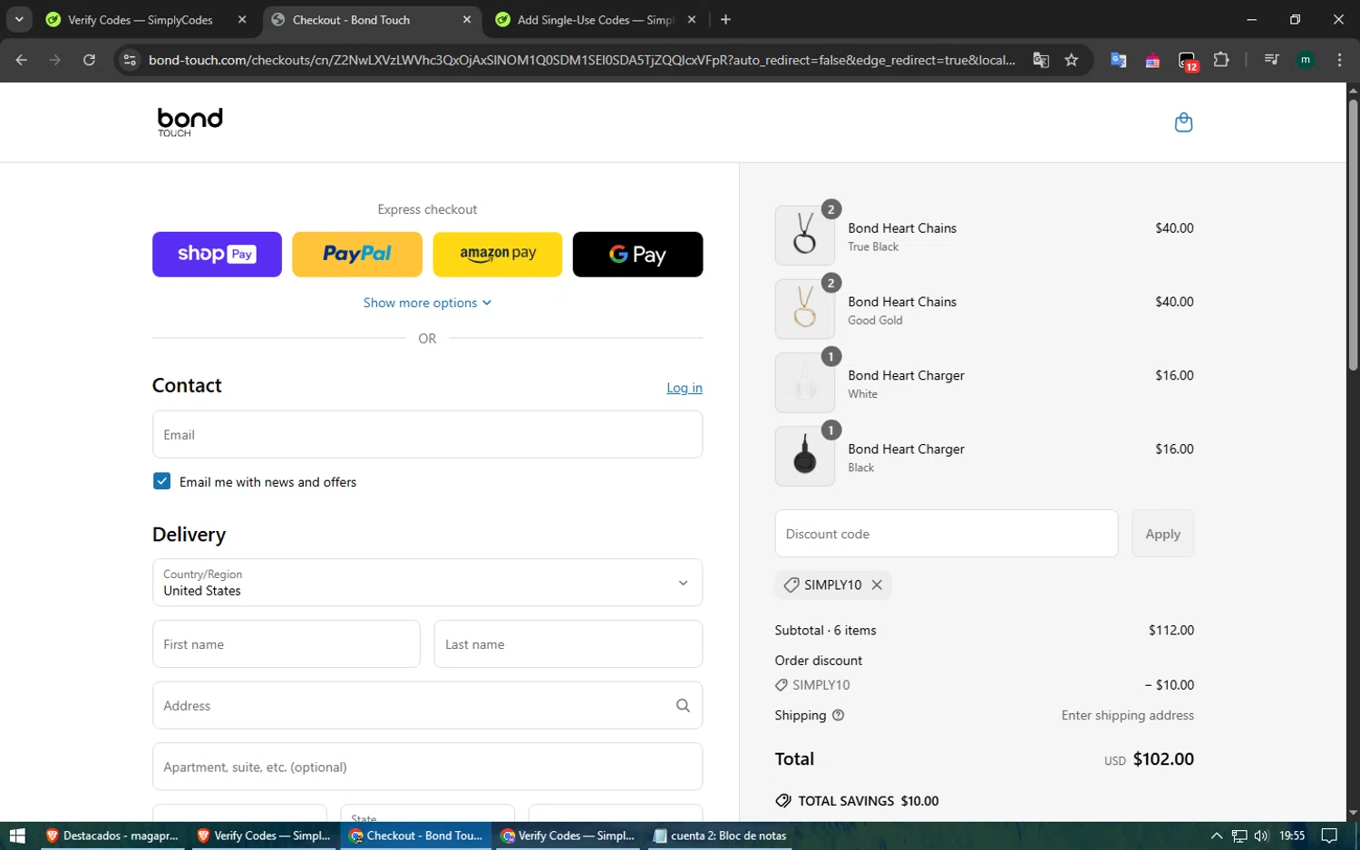 Bond Touch discount code screenshot showing code SIMPLY10 applied at Bond Touch checkout page. Uploaded by SimplyCodes community member Voucher200 on Apr 25, 2025