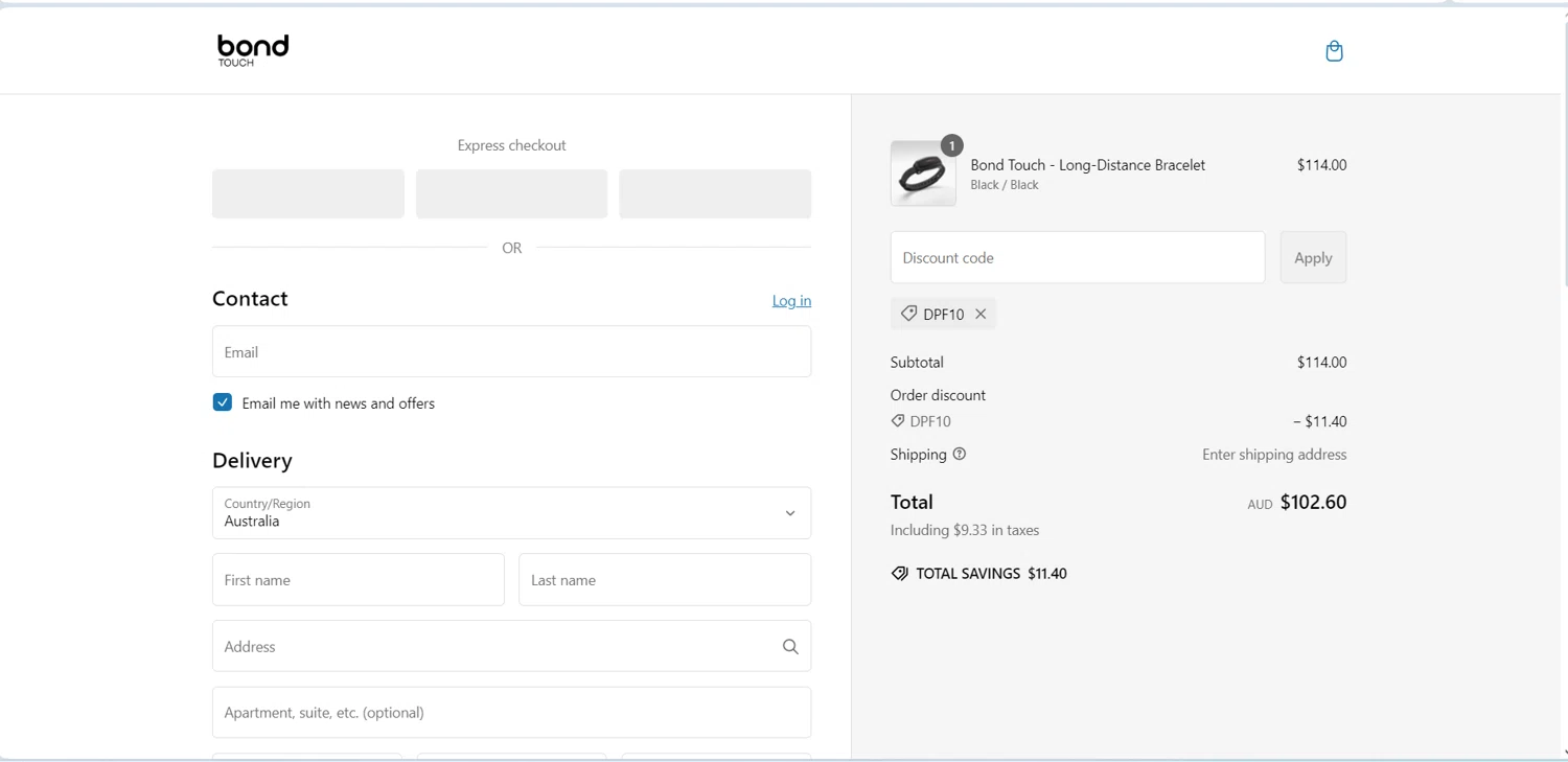 Bond Touch discount code screenshot showing code DPF10 applied at Bond Touch checkout page. Uploaded by SimplyCodes community member Airtek on Feb 21, 2025
