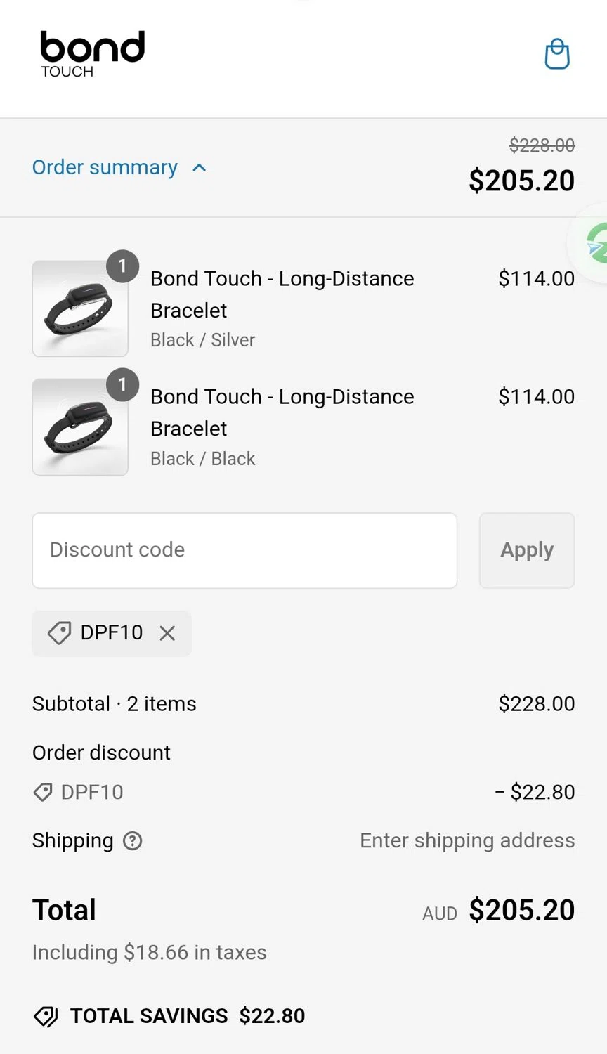 Bond Touch discount code screenshot showing code DPF10 applied at Bond Touch checkout page. Uploaded by SimplyCodes community member Kaylaytone on Feb 21, 2025