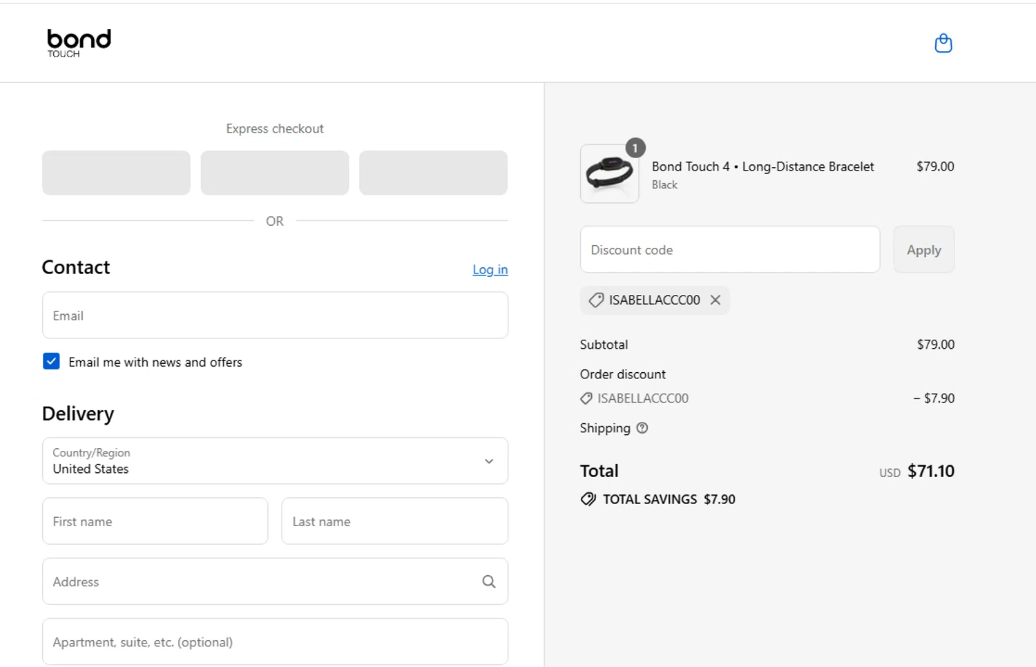 Bond Touch discount code screenshot showing code ISABELLACCC00 applied at Bond Touch checkout page. Uploaded by SimplyCodes community member gilbertrondon on Aug 15, 2025