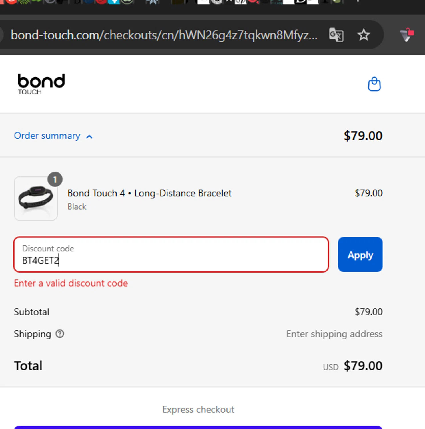 Bond Touch discount code screenshot showing code BT4GET2 applied at Bond Touch checkout page. Uploaded by SimplyCodes community member TheYeffry on Aug 22, 2025