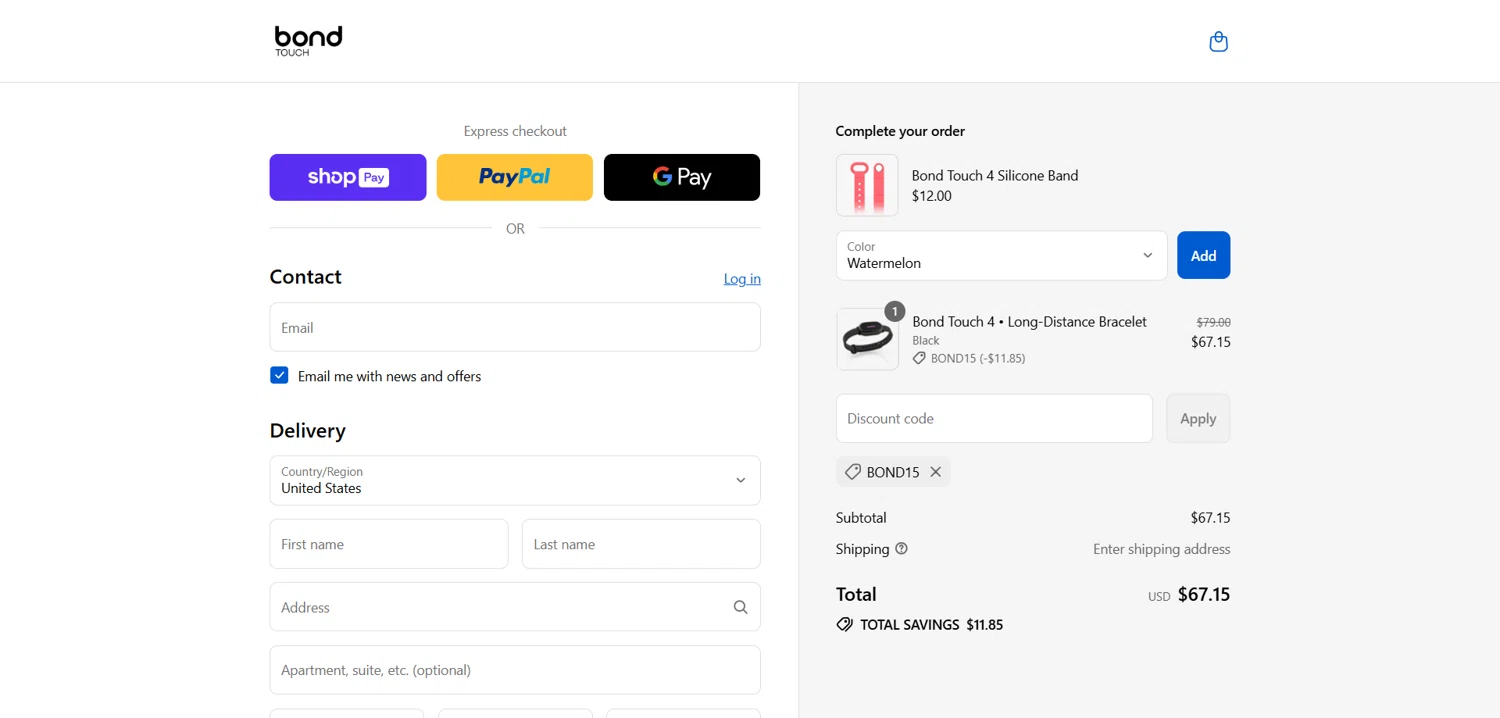 Bond Touch discount code screenshot showing code BOND15 applied at Bond Touch checkout page. Uploaded by SimplyCodes community member Dorothy on Aug 24, 2025