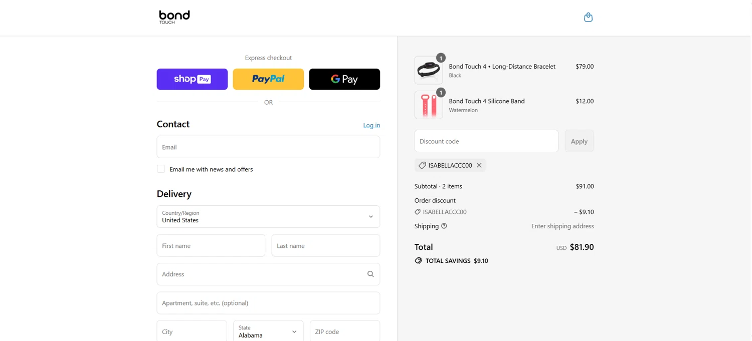Bond Touch discount code screenshot showing code ISABELLACCC00 applied at Bond Touch checkout page. Uploaded by SimplyCodes community member HoneyJean on Jul 12, 2025