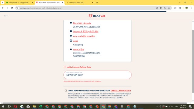 Bond Vet checkout page showing Bond Vet promo code box | Screenshot taken by SimplyCodes community member on Aug 9, 2025