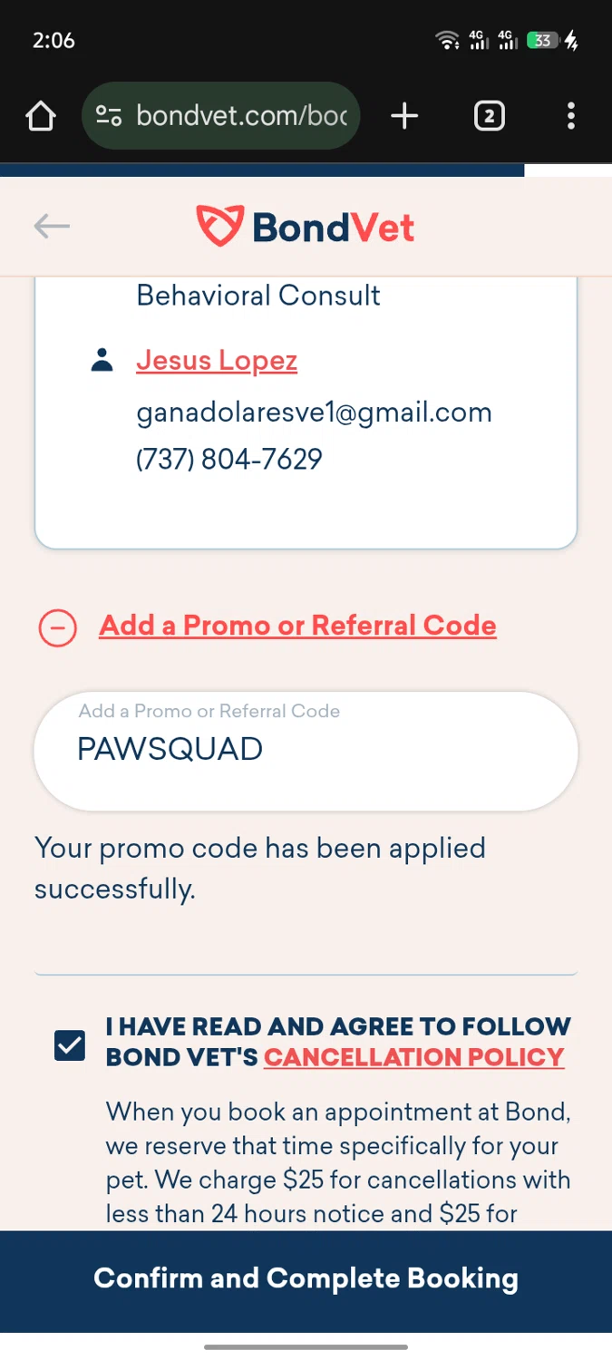 Bond Vet promo code screenshot showing code PAWSQUAD applied at Bond Vet checkout page. Uploaded by SimplyCodes community member SInNOMBRE on Dec 28, 2025