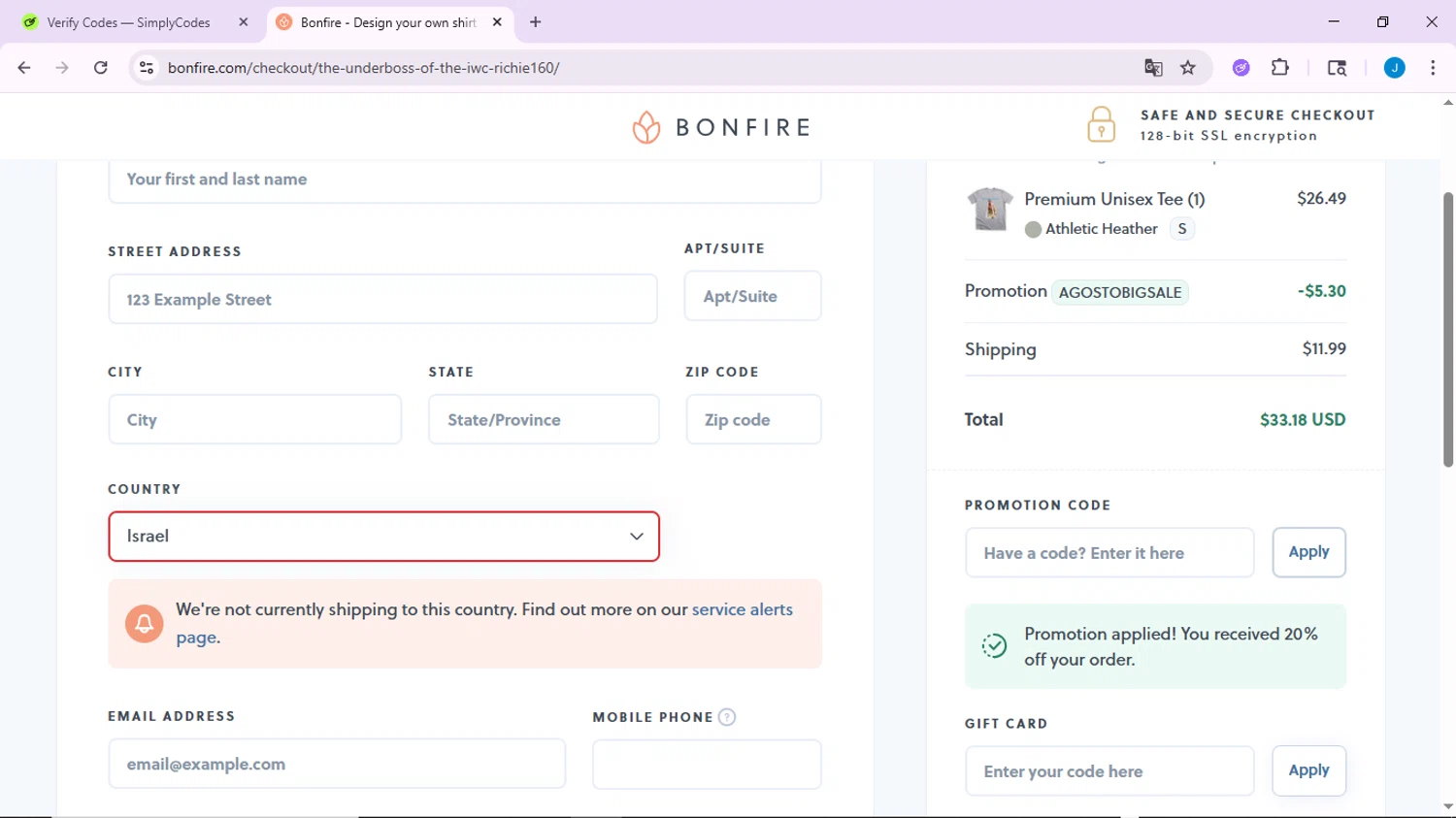 Bonfire promo code screenshot showing code AGOSTOBIGSALE applied at Bonfire checkout page. Uploaded by SimplyCodes community member CodeLynx3161 on Aug 16, 2025