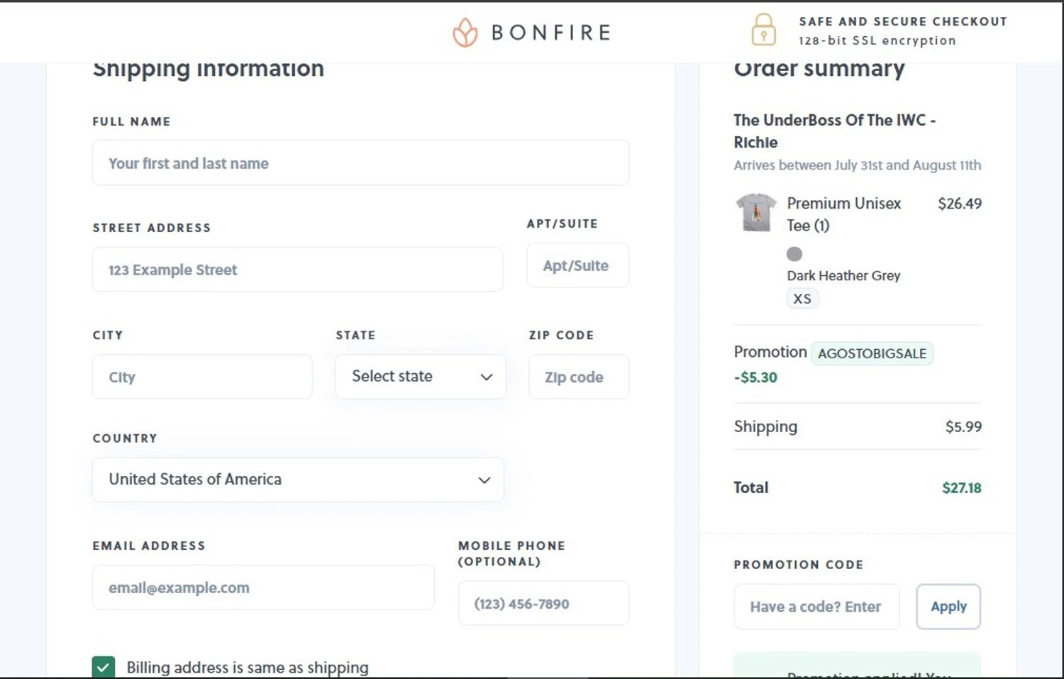 Bonfire promo code screenshot showing code AGOSTOBIGSALE applied at Bonfire checkout page. Uploaded by SimplyCodes community member mikhaildelmoral on Jul 23, 2025