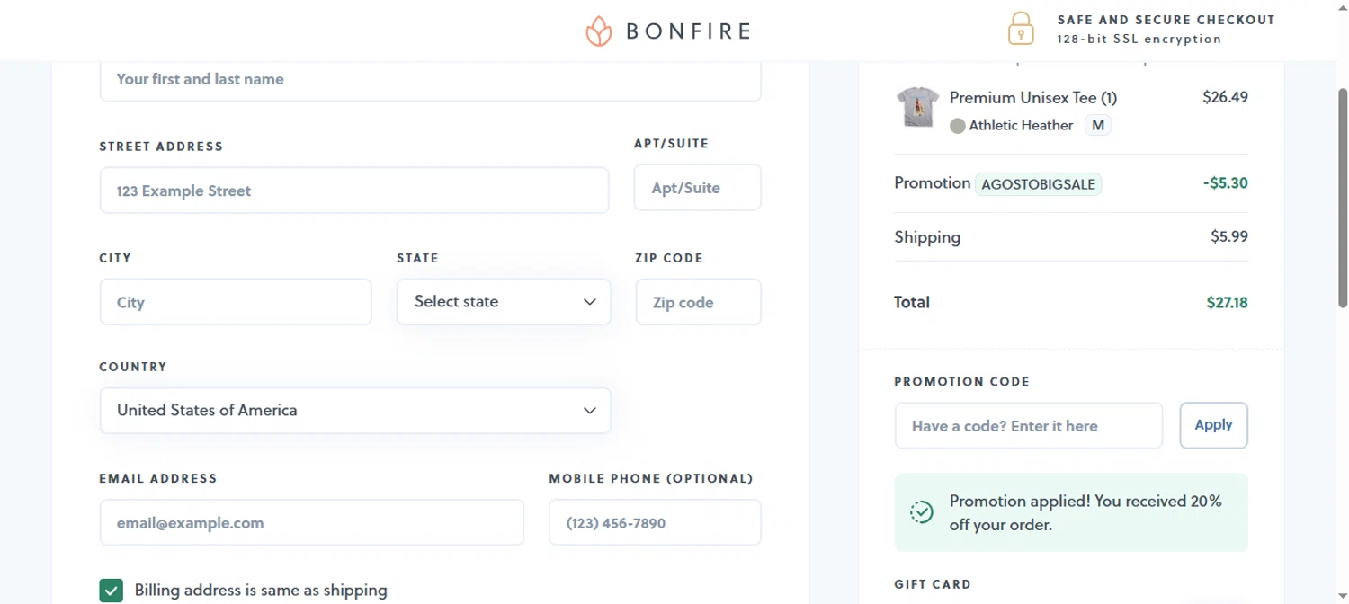 Bonfire promo code screenshot showing code AGOSTOBIGSALE applied at Bonfire checkout page. Uploaded by SimplyCodes community member pitamalkovich on Aug 22, 2025