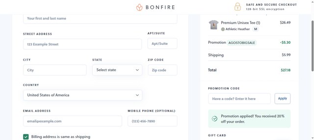 Bonfire checkout page showing Bonfire promo code box | Screenshot taken by SimplyCodes community member on Aug 22, 2025