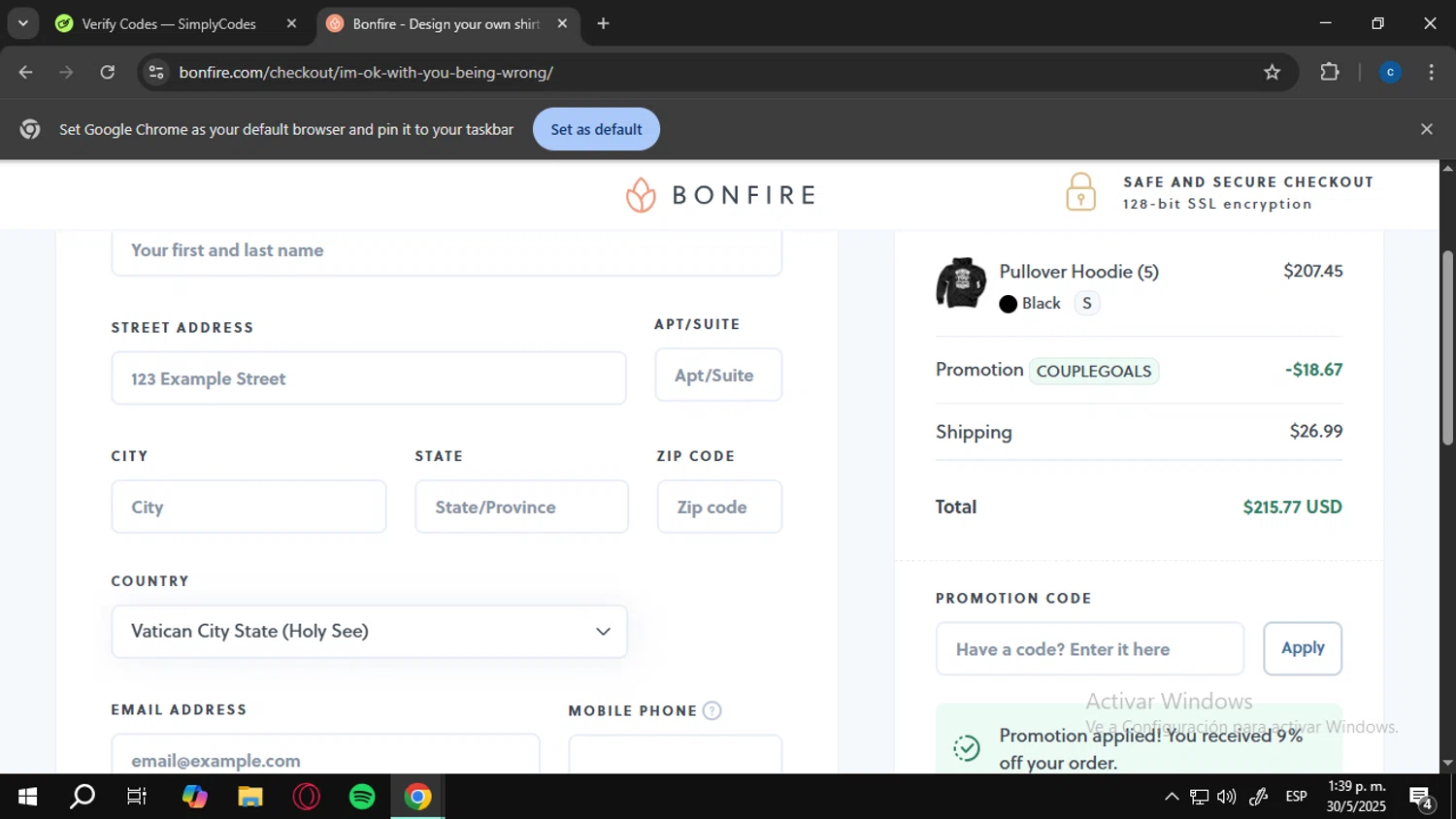 Bonfire promo code screenshot showing code COUPLEGOALS applied at Bonfire checkout page. Uploaded by SimplyCodes community member ADRI3010 on May 30, 2025