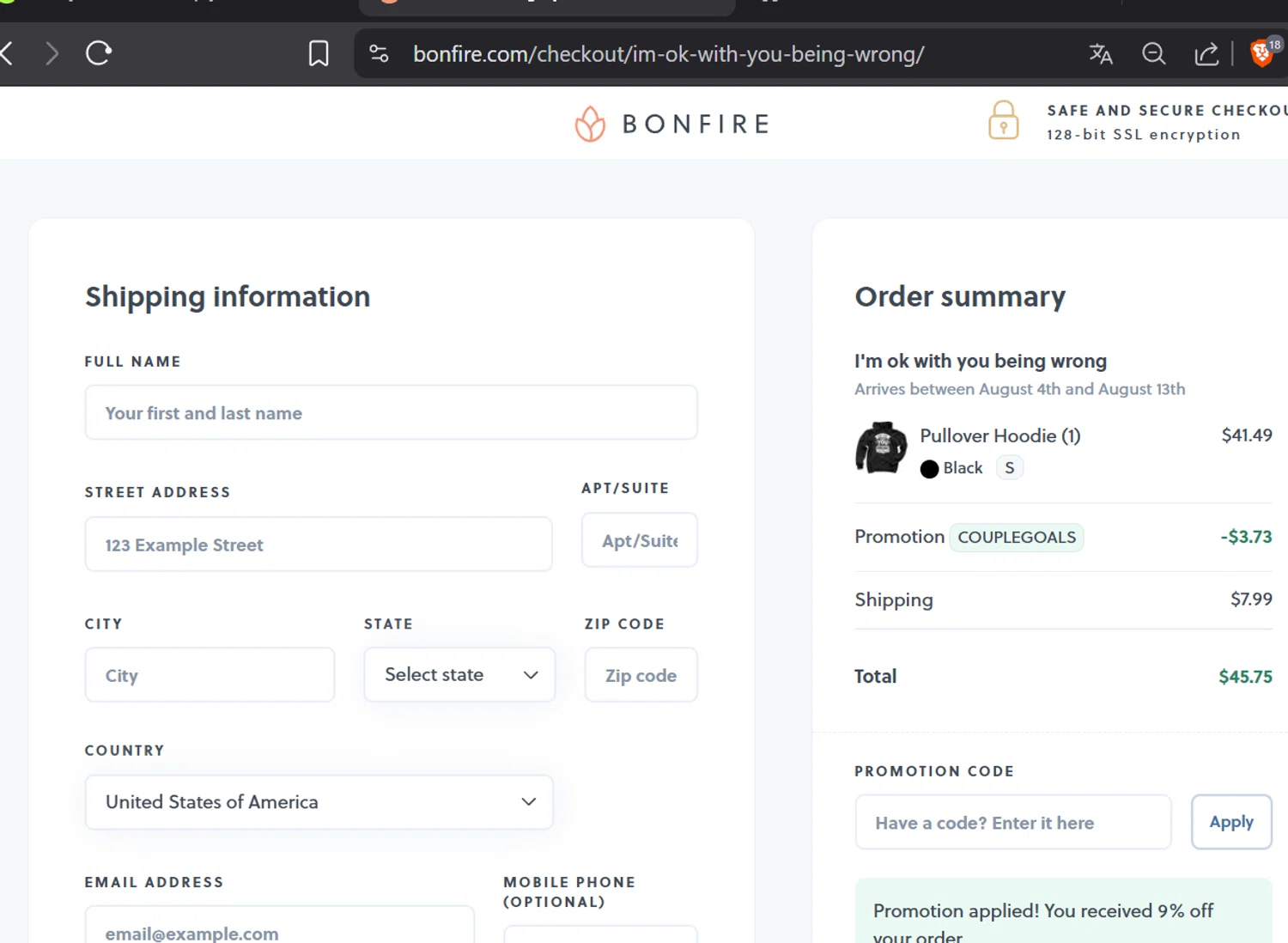 Bonfire promo code screenshot showing code COUPLEGOALS applied at Bonfire checkout page. Uploaded by SimplyCodes community member CashElite5536 on Jul 18, 2025