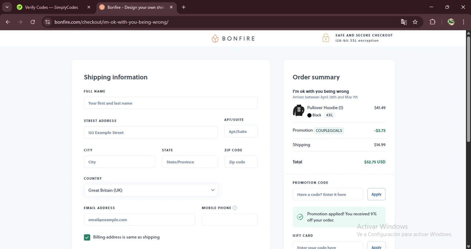 Bonfire promo code screenshot showing code COUPLEGOALS applied at Bonfire checkout page. Uploaded by SimplyCodes community member RewardDefender7173 on Apr 11, 2025