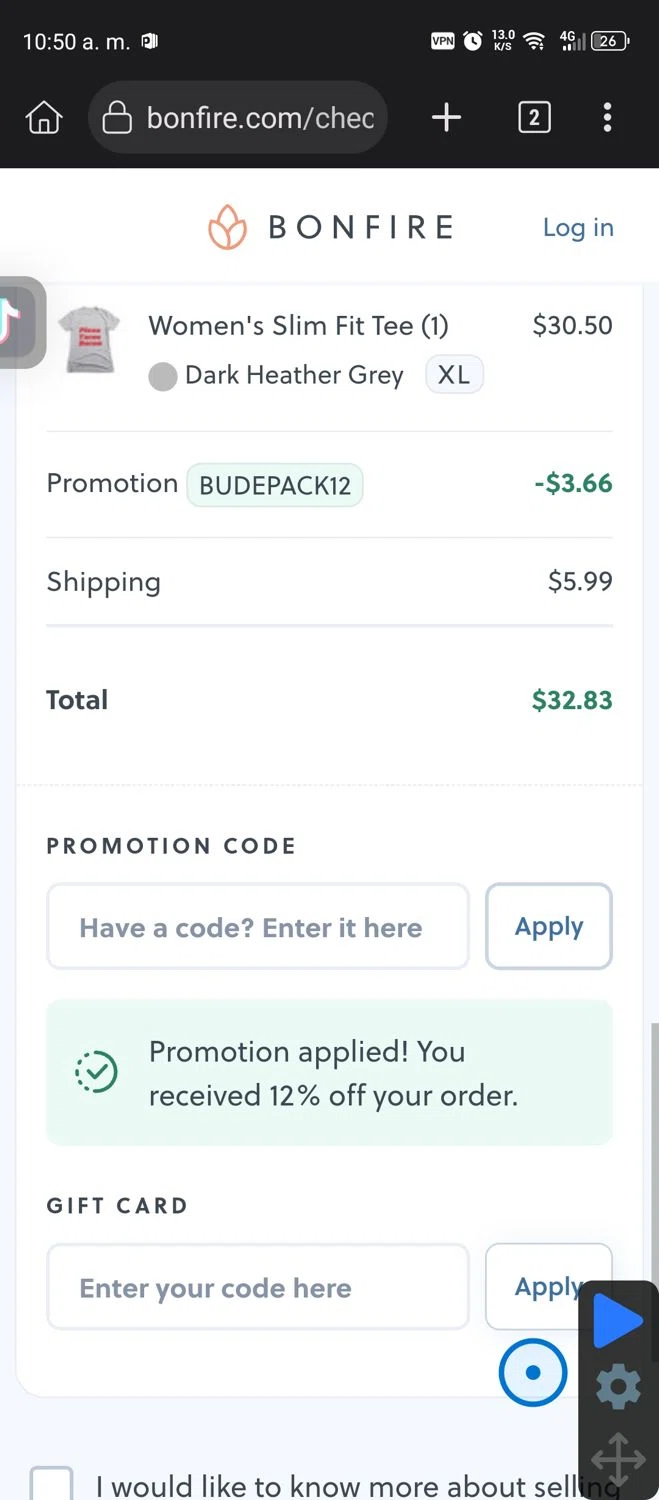 Bonfire promo code screenshot showing code BUDEPACK12 applied at Bonfire checkout page. Uploaded by SimplyCodes community member GumballWatterson on Aug 8, 2025
