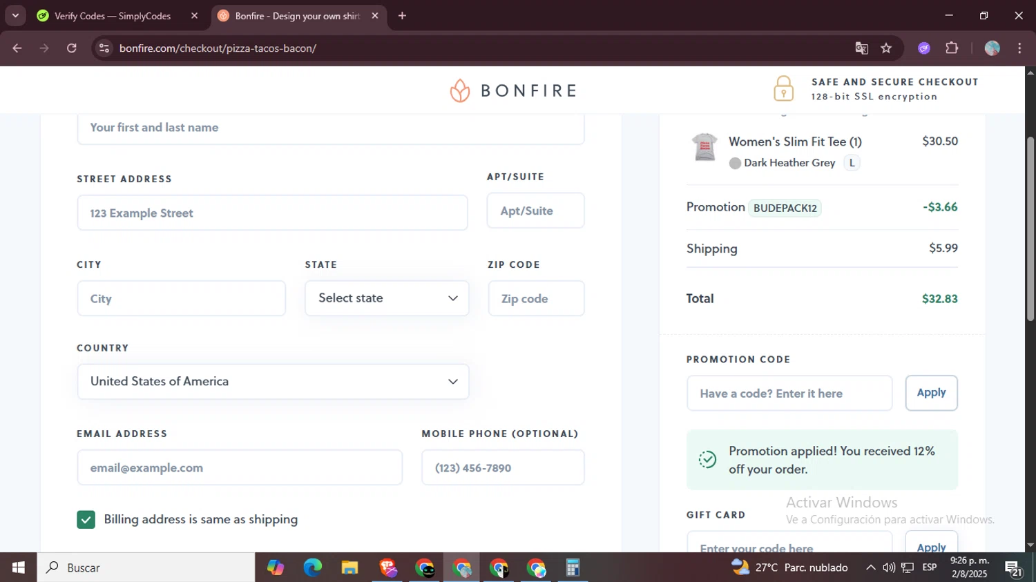 Bonfire promo code screenshot showing code BUDEPACK12 applied at Bonfire checkout page. Uploaded by SimplyCodes community member LegendaryPro7106 on Aug 3, 2025