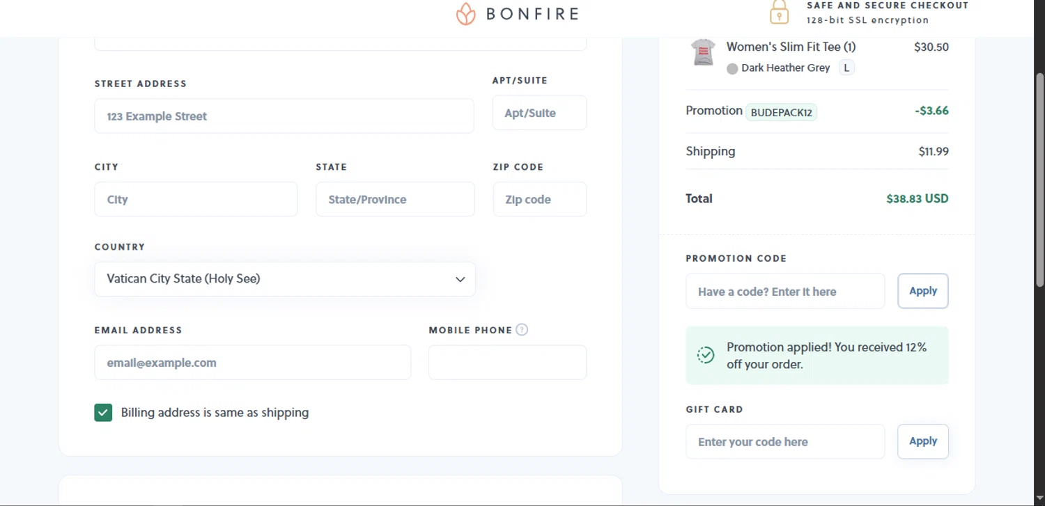 Bonfire promo code screenshot showing code BUDEPACK12 applied at Bonfire checkout page. Uploaded by SimplyCodes community member Xiooh292929 on Aug 24, 2025