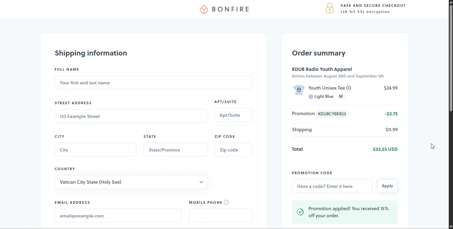 Bonfire promo code screenshot showing code KDUBCYBER23 applied at Bonfire checkout page. Uploaded by SimplyCodes community member Lulalula on Aug 16, 2025