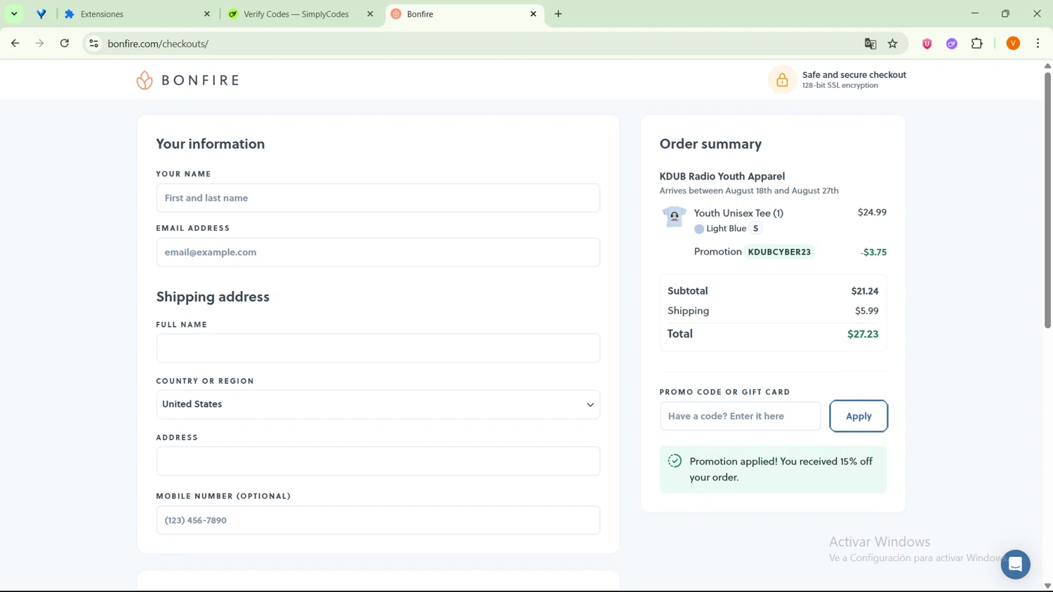 Bonfire promo code screenshot showing code KDUBCYBER23 applied at Bonfire checkout page. Uploaded by SimplyCodes community member MightyPro2893 on Aug 8, 2025