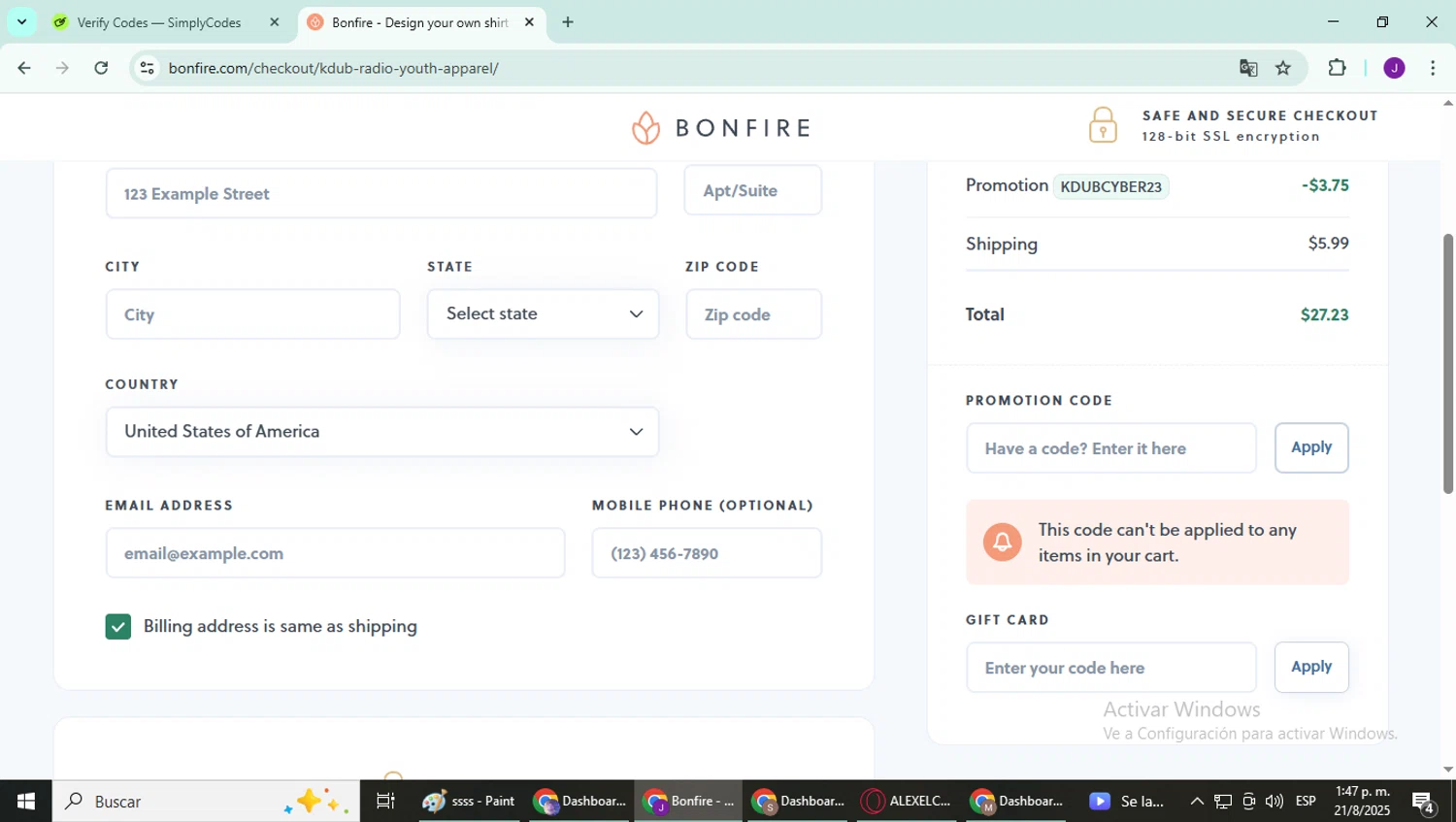 Bonfire promo code screenshot showing code KDUBCYBER23 applied at Bonfire checkout page. Uploaded by SimplyCodes community member YutakaH0shin0 on Aug 21, 2025