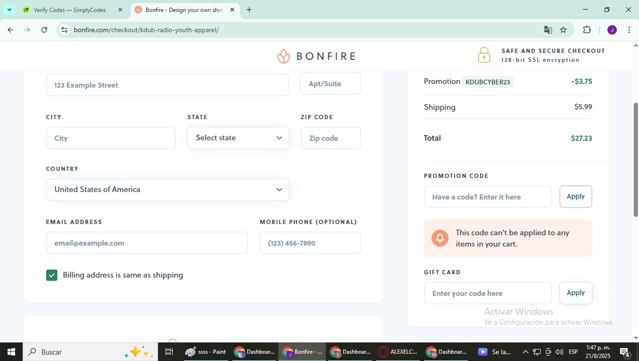 Bonfire checkout page showing Bonfire promo code box | Screenshot taken by SimplyCodes community member on Aug 21, 2025