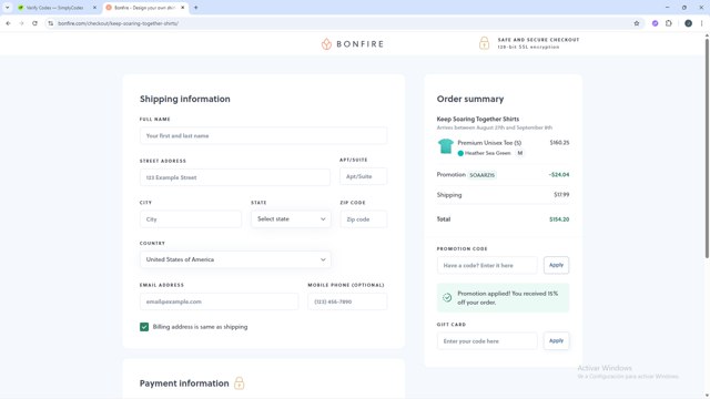 Bonfire checkout page showing Bonfire promo code box | Screenshot taken by SimplyCodes community member on Aug 18, 2025