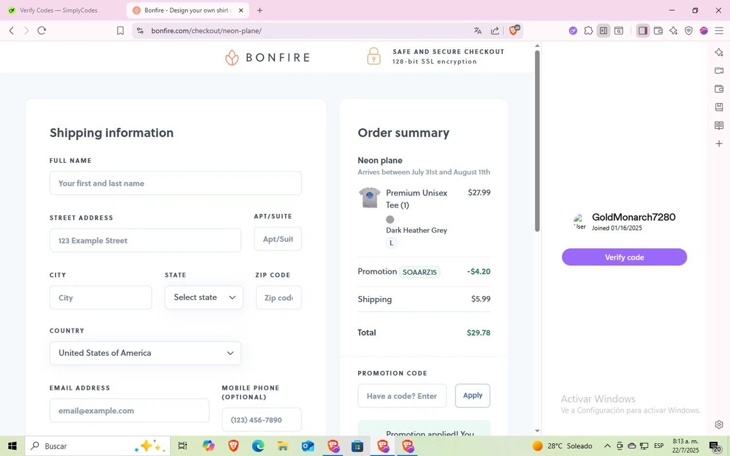 Bonfire promo code screenshot showing code SOAARZ15 applied at Bonfire checkout page. Uploaded by SimplyCodes community member GoldMonarch7280 on Jul 22, 2025