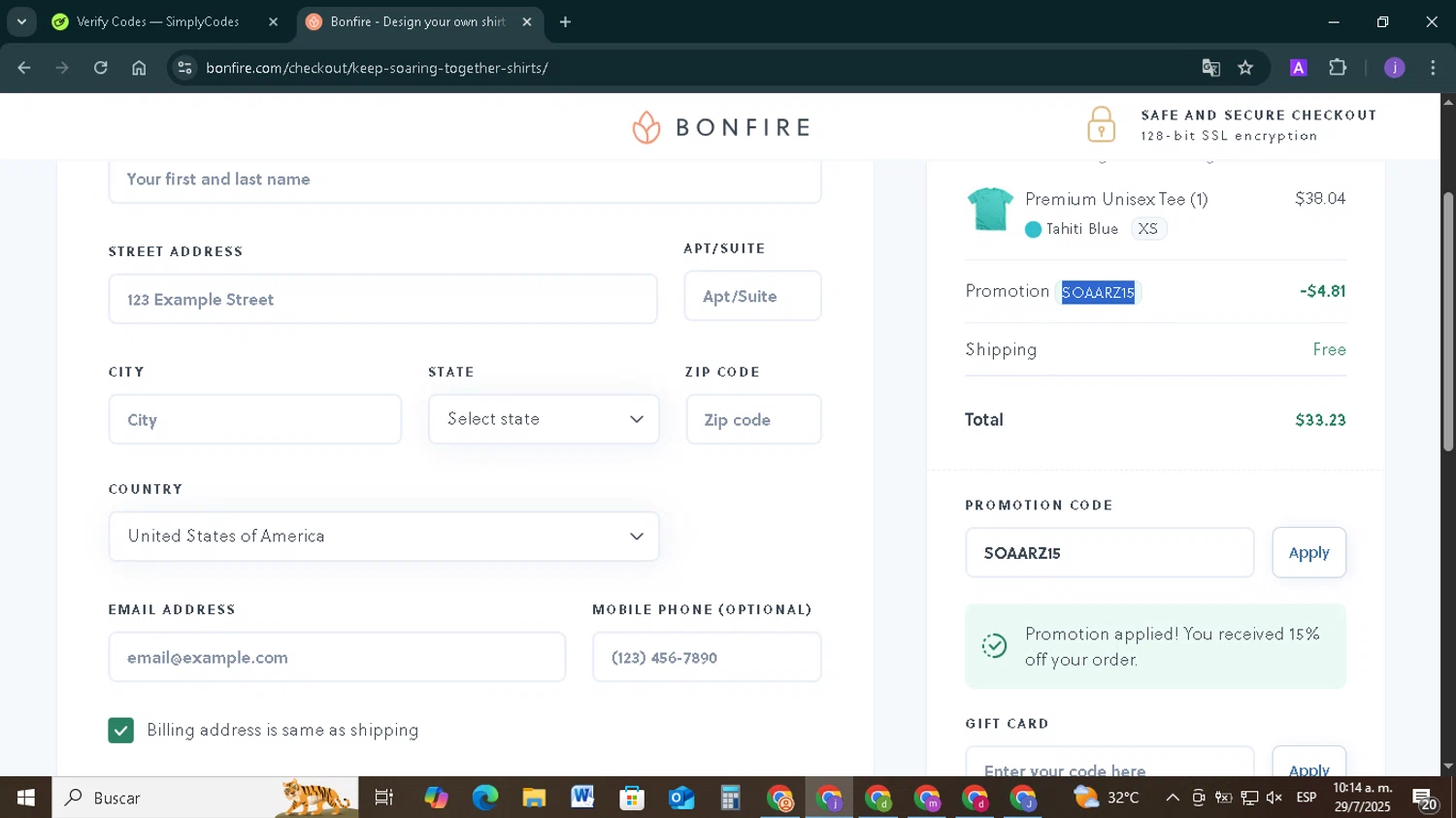 Bonfire promo code screenshot showing code SOAARZ15 applied at Bonfire checkout page. Uploaded by SimplyCodes community member TAZ2024 on Jul 29, 2025