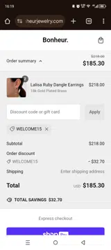WELCOME15 coupon verification screenshot