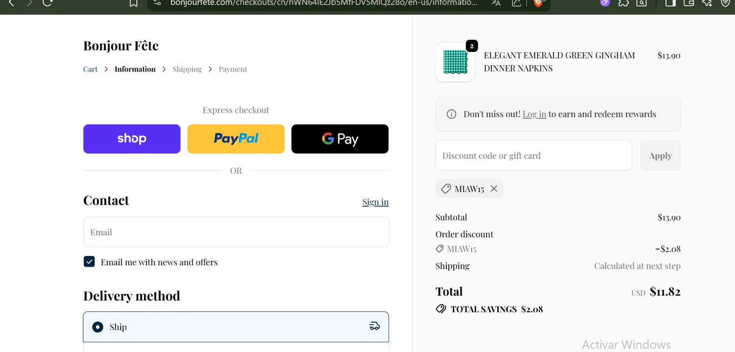Bonjour Fête promo code screenshot showing code Miaw15 applied at Bonjour Fête checkout page. Uploaded by SimplyCodes community member SwiftLynx6587 on Dec 5, 2025