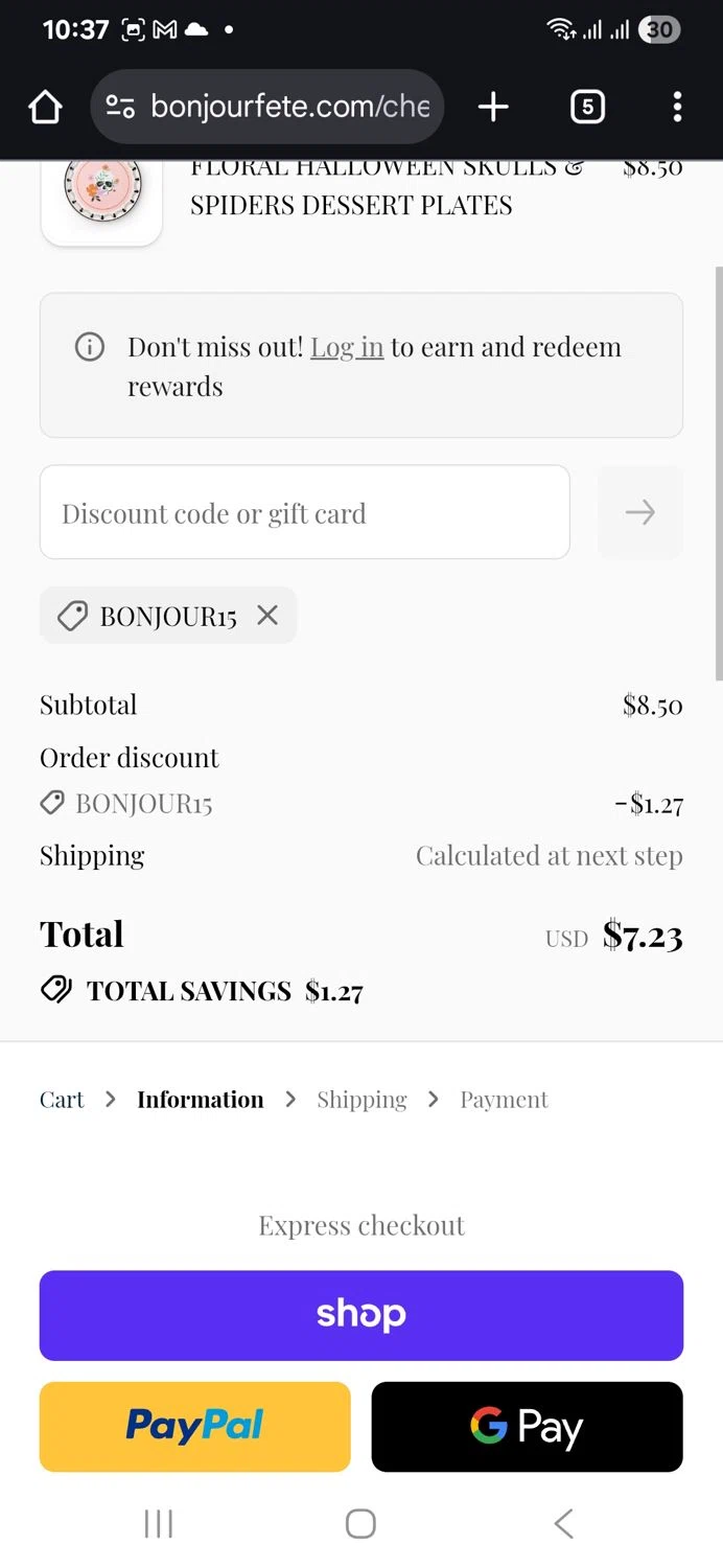 Bonjour Fête promo code screenshot showing code Bonjour15 applied at Bonjour Fête checkout page. Uploaded by SimplyCodes community member CodeMaestro1046 on Oct 3, 2025