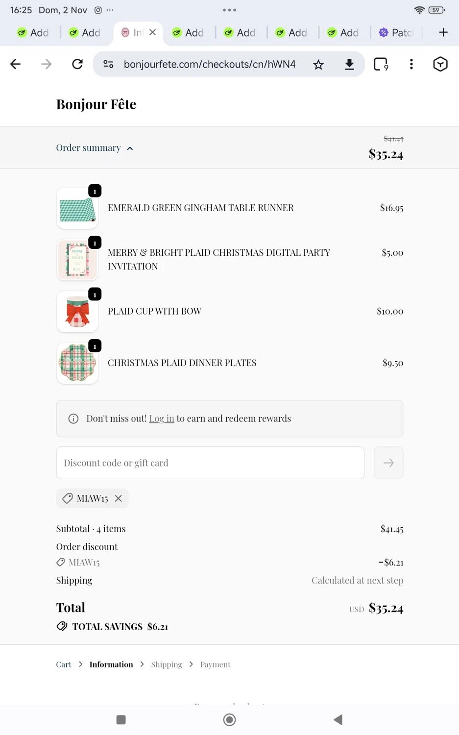 Bonjour Fête promo code screenshot showing code Miaw15 applied at Bonjour Fête checkout page. Uploaded by SimplyCodes community member KarinaHZ on Nov 2, 2025