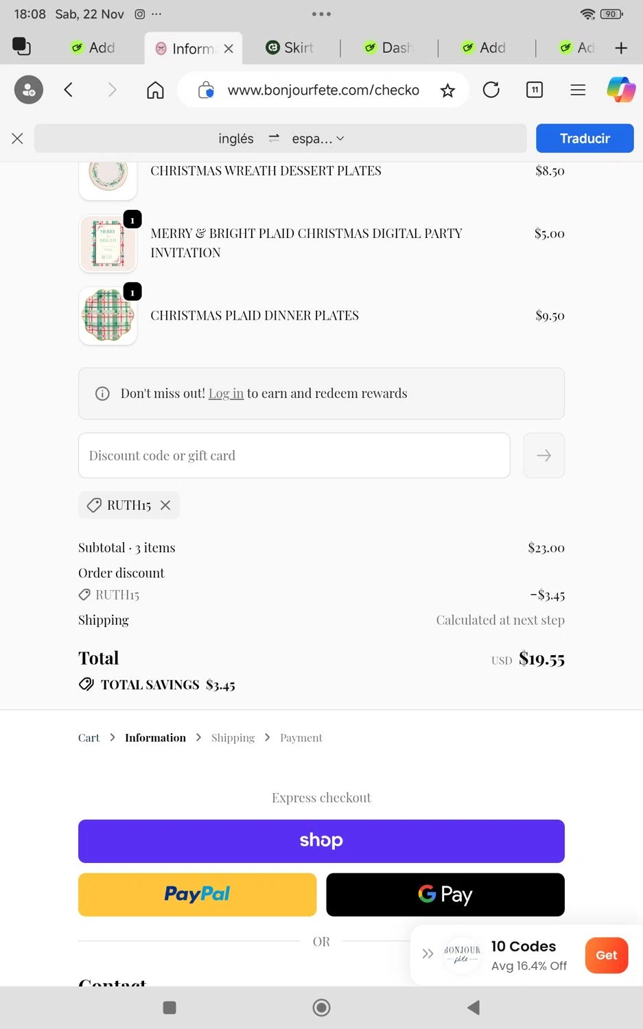 Bonjour Fête promo code screenshot showing code Ruth15 applied at Bonjour Fête checkout page. Uploaded by SimplyCodes community member KarinaHZ on Nov 22, 2025