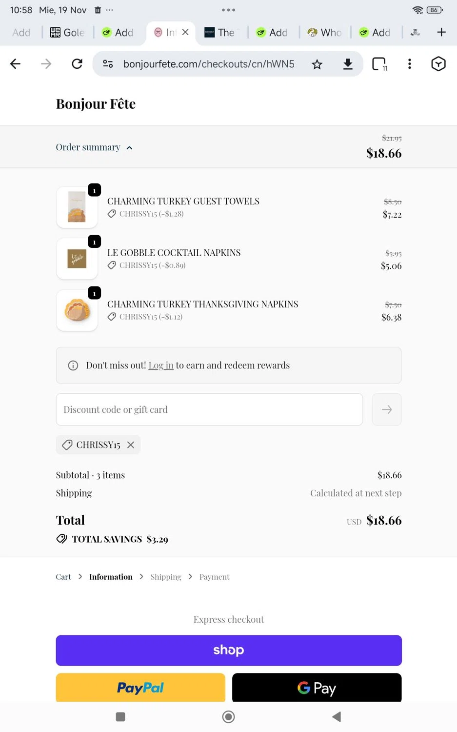 Bonjour Fête promo code screenshot showing code Chrissy15 applied at Bonjour Fête checkout page. Uploaded by SimplyCodes community member KarinaHZ on Nov 19, 2025