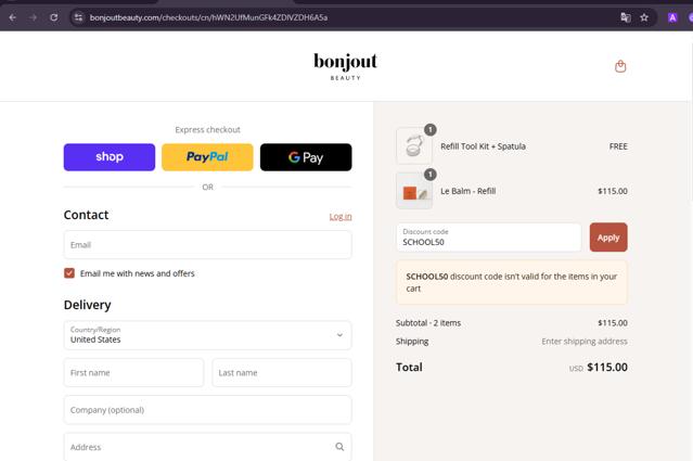 Bonjout Beauty checkout page showing Bonjout Beauty discount code box | Screenshot taken by SimplyCodes community member on Sep 2, 2025