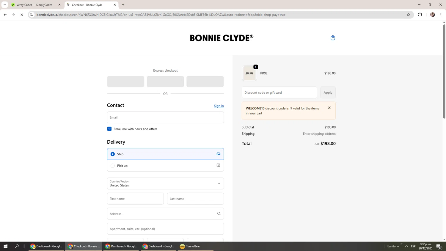 Bonnie Clyde discount code screenshot showing code WELCOME10 applied at Bonnie Clyde checkout page. Uploaded by SimplyCodes community member Levi_Ackerman on Dec 21, 2025