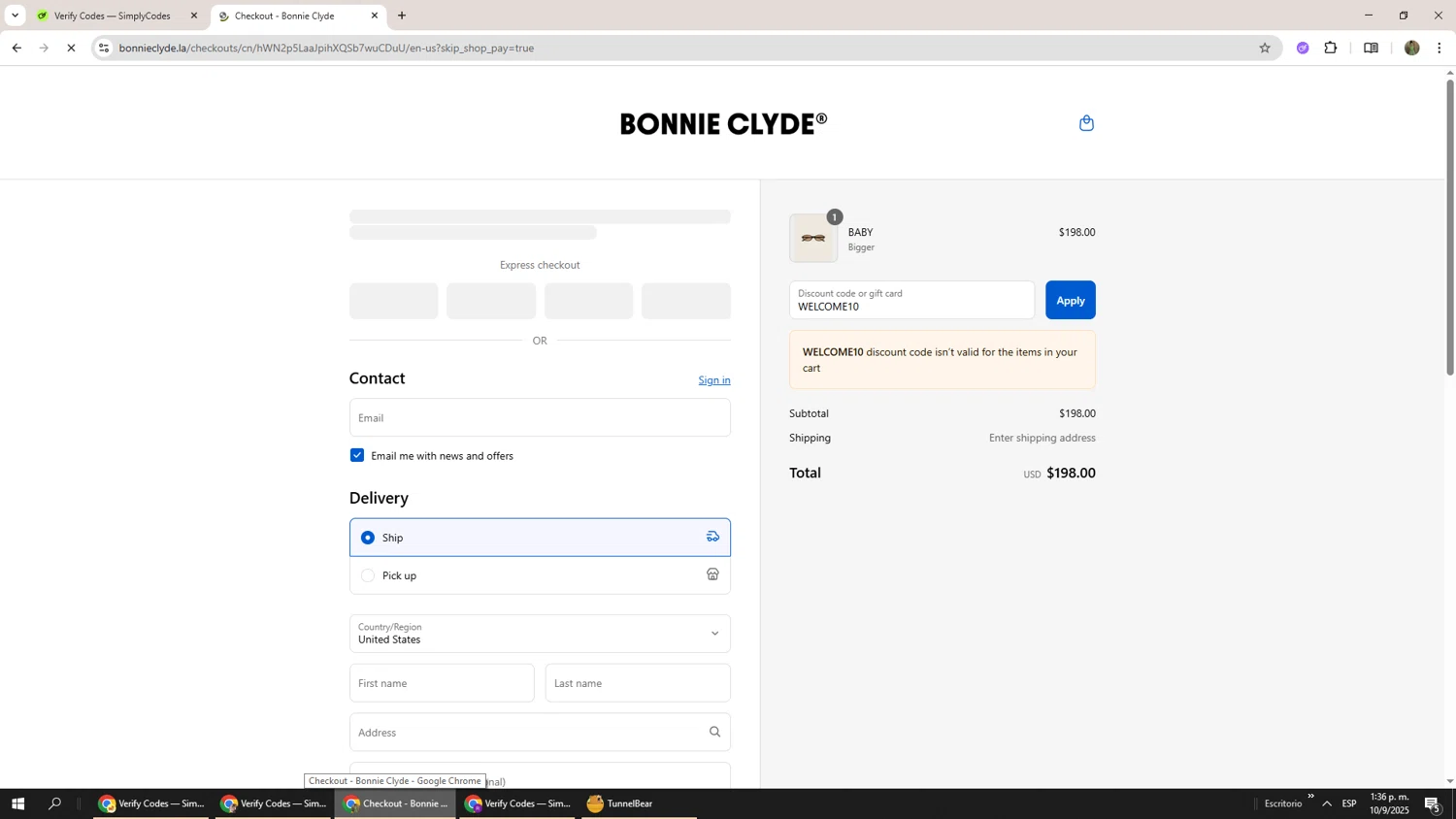 Bonnie Clyde discount code screenshot showing code WELCOME10 applied at Bonnie Clyde checkout page. Uploaded by SimplyCodes community member Phoenix585 on Sep 10, 2025