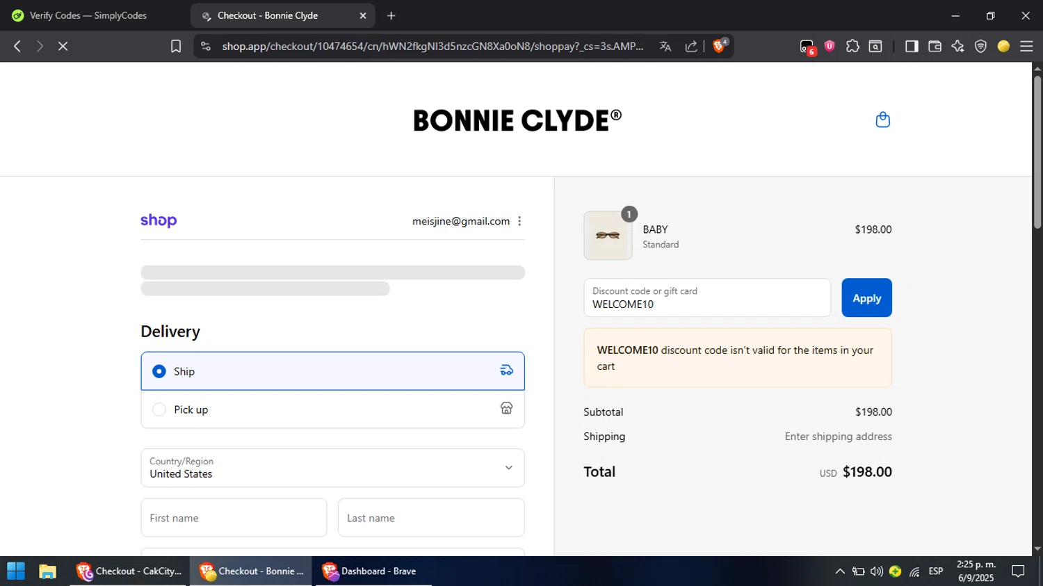 Bonnie Clyde discount code screenshot showing code WELCOME10 applied at Bonnie Clyde checkout page. Uploaded by SimplyCodes community member ScanVoyager3538 on Sep 6, 2025