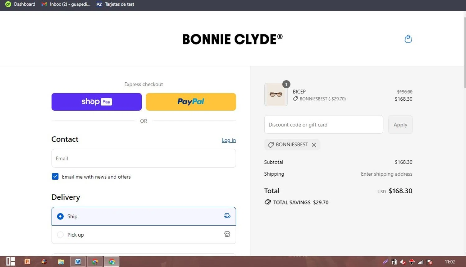 Bonnie Clyde discount code screenshot showing code BONNIESBEST applied at Bonnie Clyde checkout page. Uploaded by SimplyCodes community member PaticoBel on Aug 25, 2025
