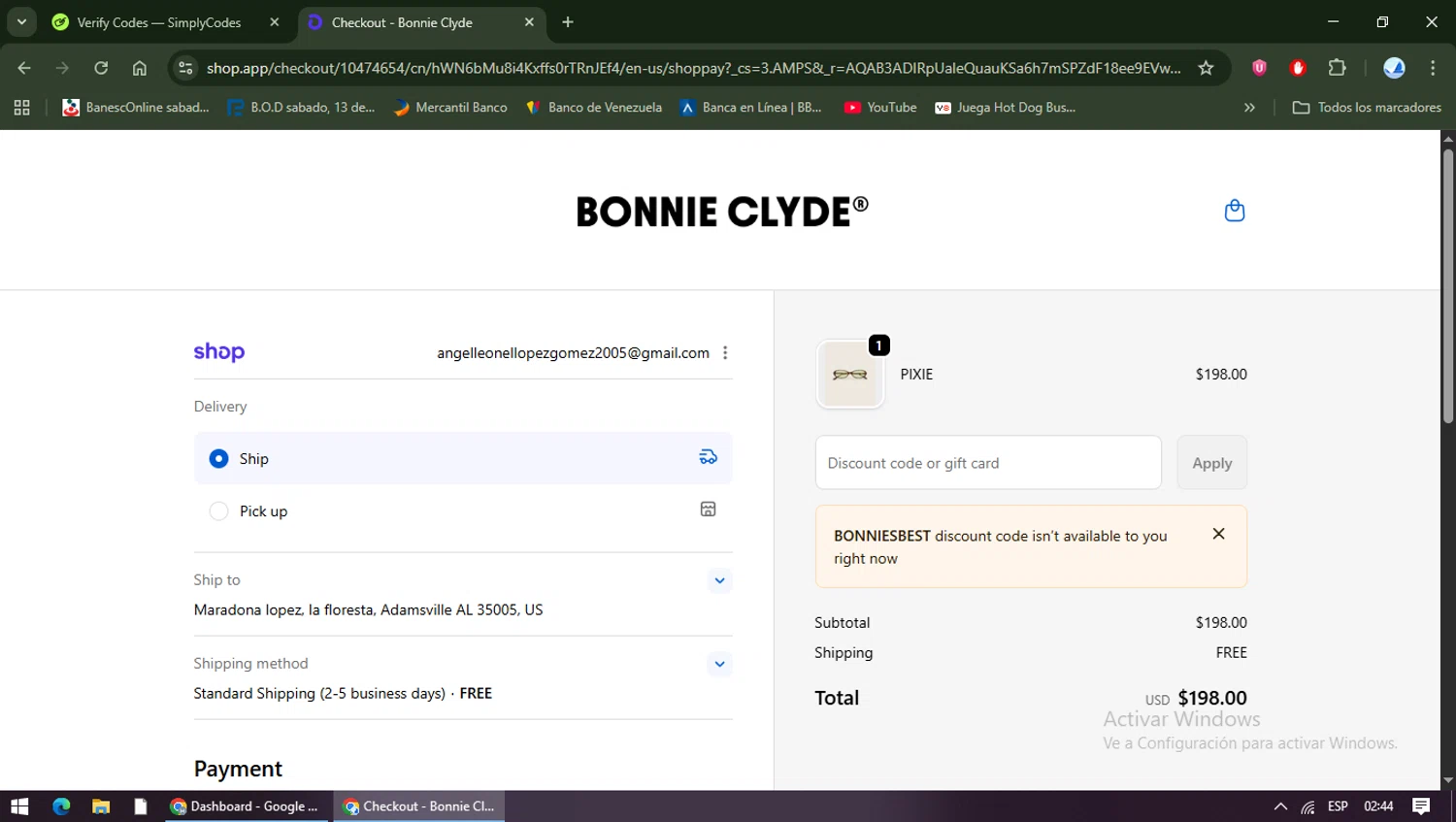 Bonnie Clyde discount code screenshot showing code BONNIESBEST applied at Bonnie Clyde checkout page. Uploaded by SimplyCodes community member TreasureShopper9156 on Dec 19, 2025