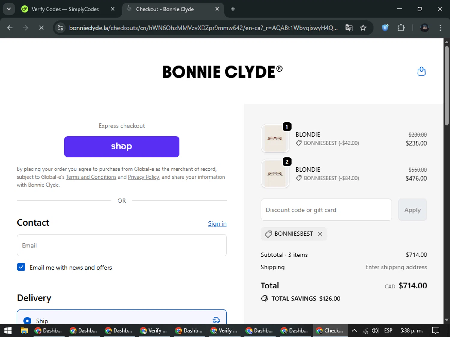 Bonnie Clyde discount code screenshot showing code BONNIESBEST applied at Bonnie Clyde checkout page. Uploaded by SimplyCodes community member ValueElite5945 on Dec 13, 2025