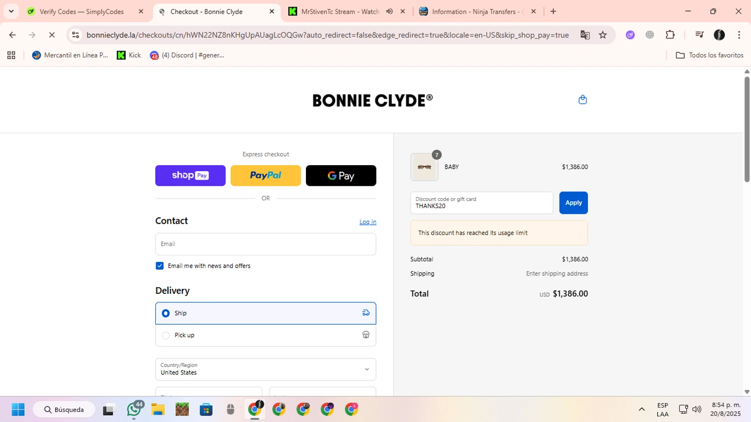 Bonnie Clyde discount code screenshot showing code THANKS20 applied at Bonnie Clyde checkout page. Uploaded by SimplyCodes community member ChinoYugiXD on Aug 21, 2025