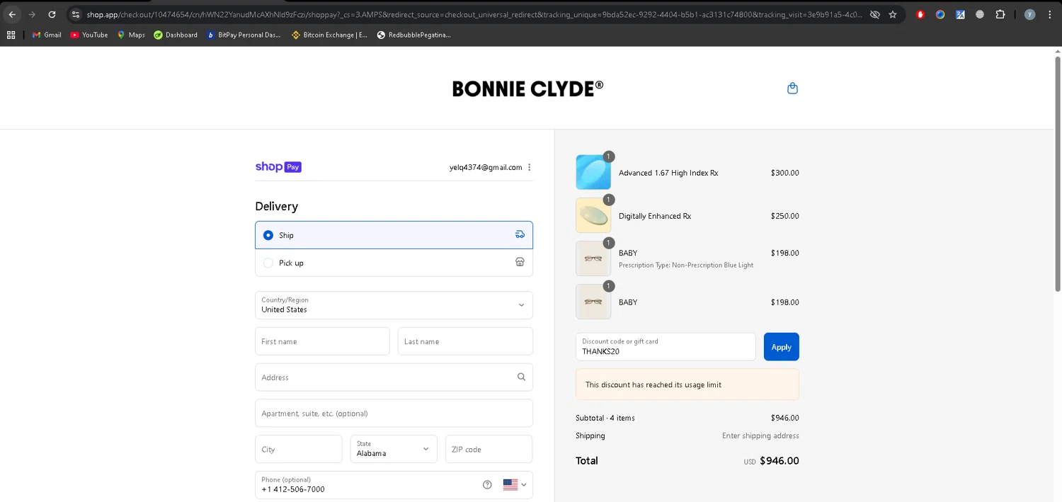 Bonnie Clyde discount code screenshot showing code THANKS20 applied at Bonnie Clyde checkout page. Uploaded by SimplyCodes community member YJMQ95 on Aug 21, 2025