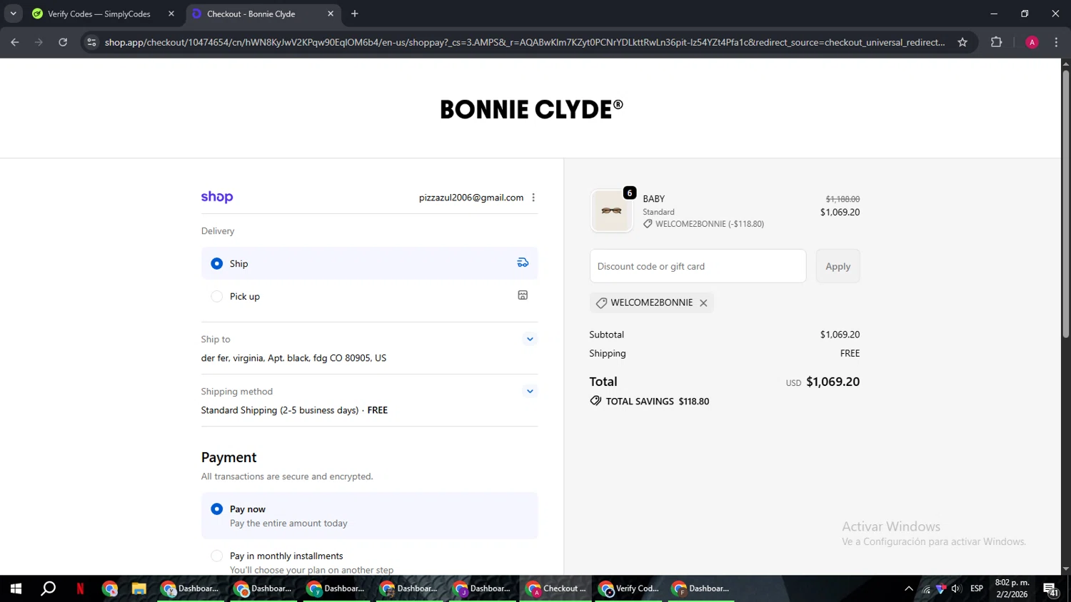 Bonnie Clyde discount code screenshot showing code WELCOME2BONNIE applied at Bonnie Clyde checkout page. Uploaded by SimplyCodes community member BMWGS1200 on Feb 3, 2026