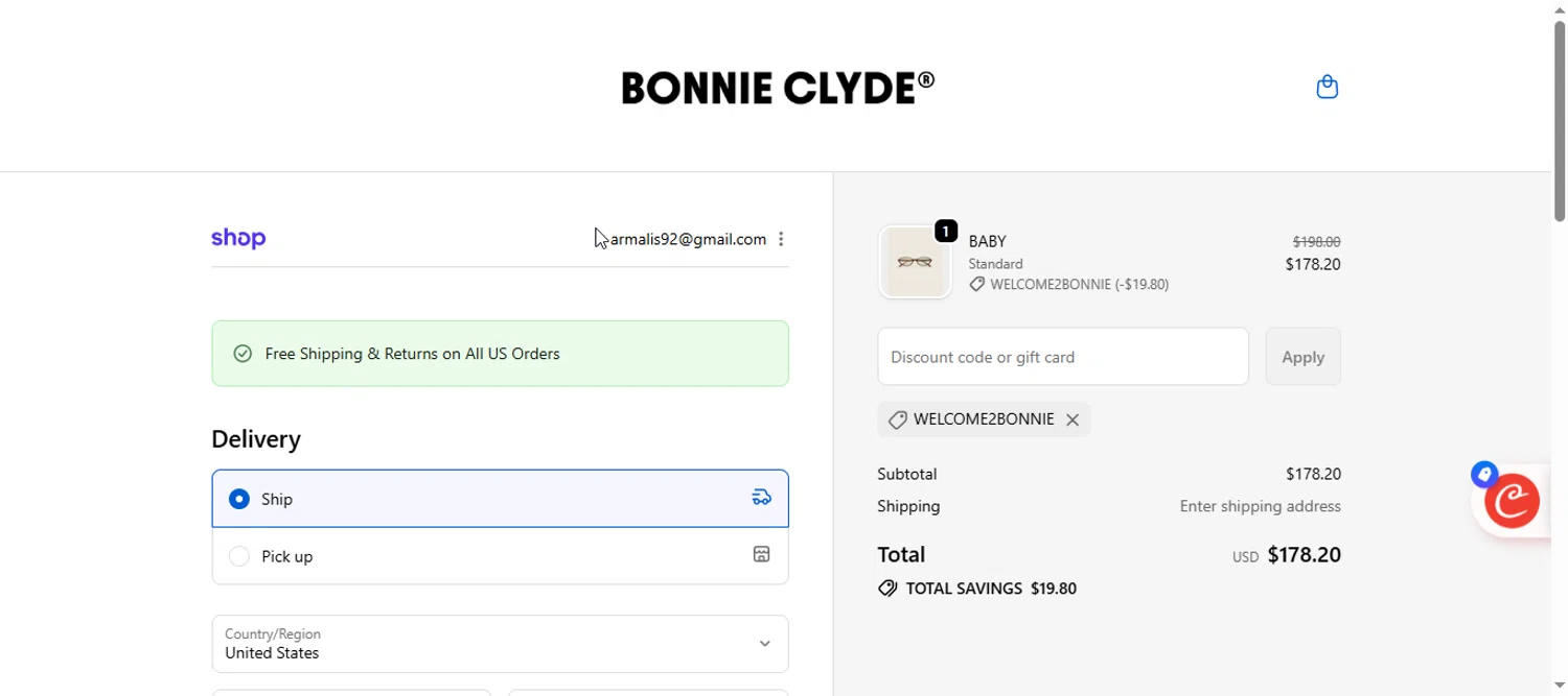 Bonnie Clyde discount code screenshot showing code WELCOME2BONNIE applied at Bonnie Clyde checkout page. Uploaded by SimplyCodes community member armalissolorzano1 on Nov 12, 2025