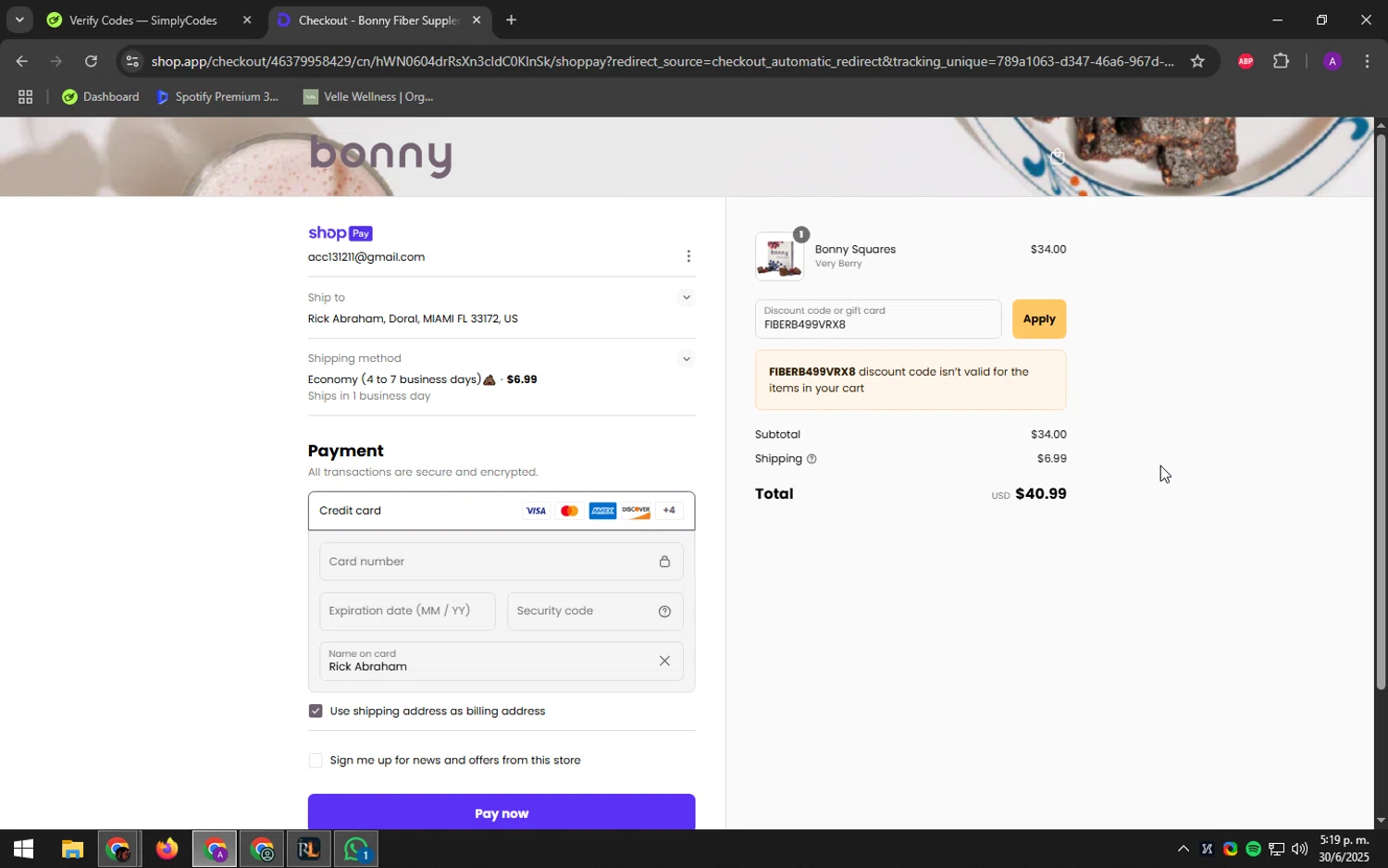 Bonny discount code screenshot showing code FIBERB499VRX8 applied at Bonny checkout page. Uploaded by SimplyCodes community member DeathBone on Jun 30, 2025