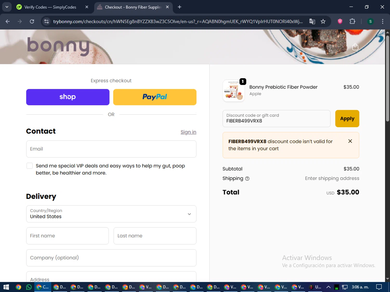Bonny discount code screenshot showing code FIBERB499VRX8 applied at Bonny checkout page. Uploaded by SimplyCodes community member lilMosey on Nov 13, 2025