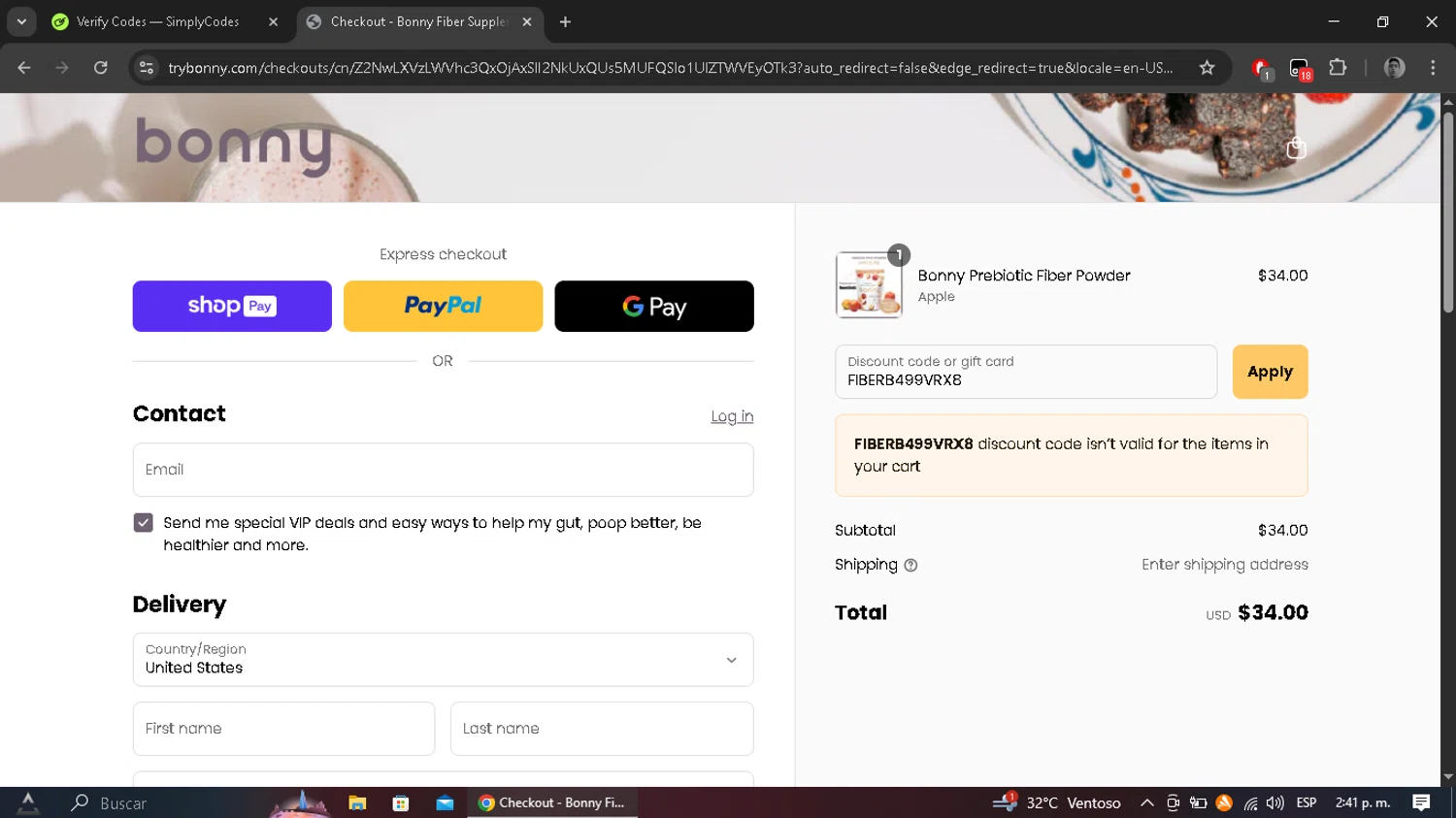 Bonny discount code screenshot showing code FIBERB499VRX8 applied at Bonny checkout page. Uploaded by SimplyCodes community member morel09 on Apr 6, 2025