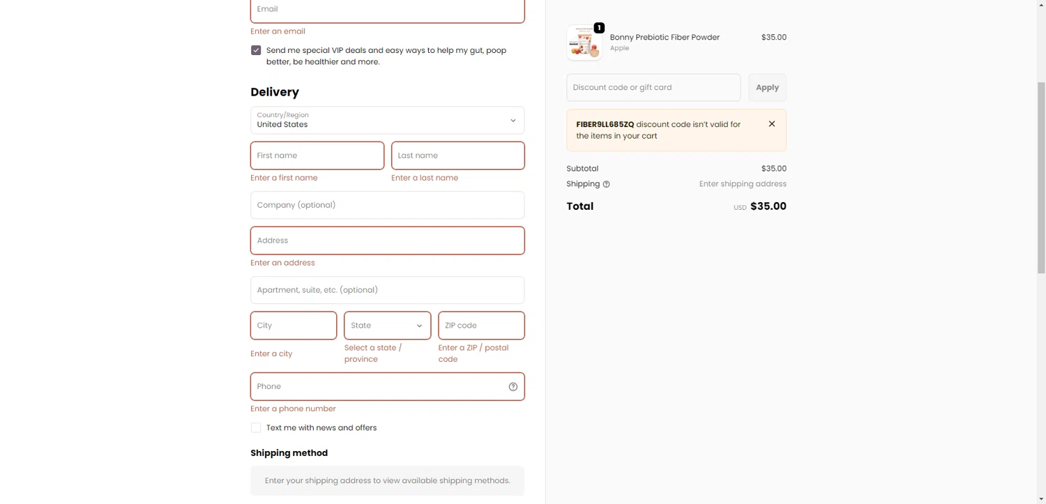 Bonny checkout page showing Bonny discount code box | Screenshot taken by SimplyCodes community member on Jan 10, 2026